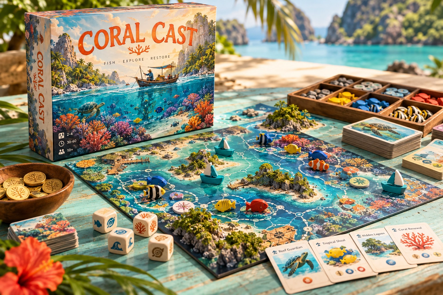 Coral Cast, physical board game and playing pieces