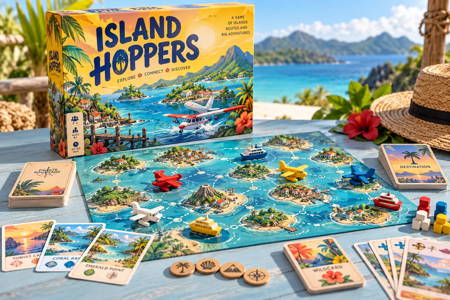 Island Hoppers, physical board game and playing pieces