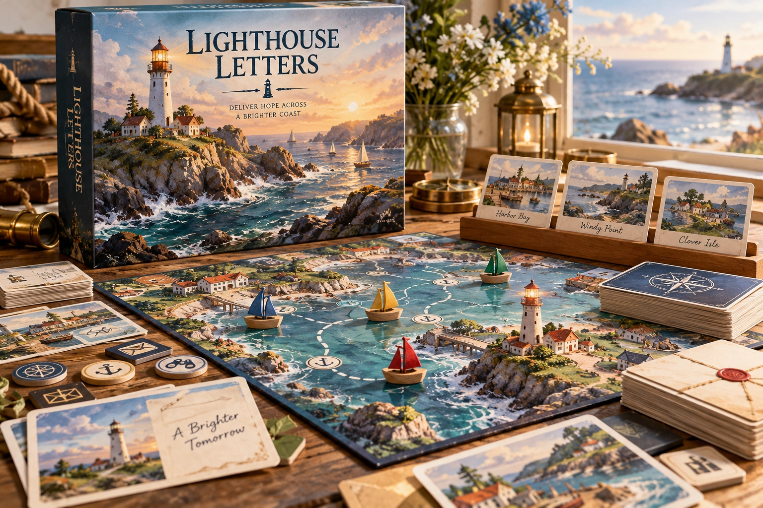 Lighthouse Letters, physical board game and playing pieces