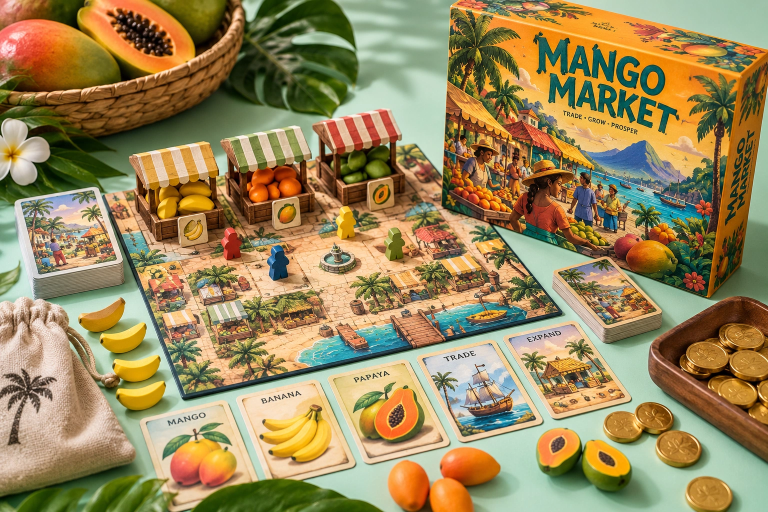 Mango Market, physical board game and playing pieces