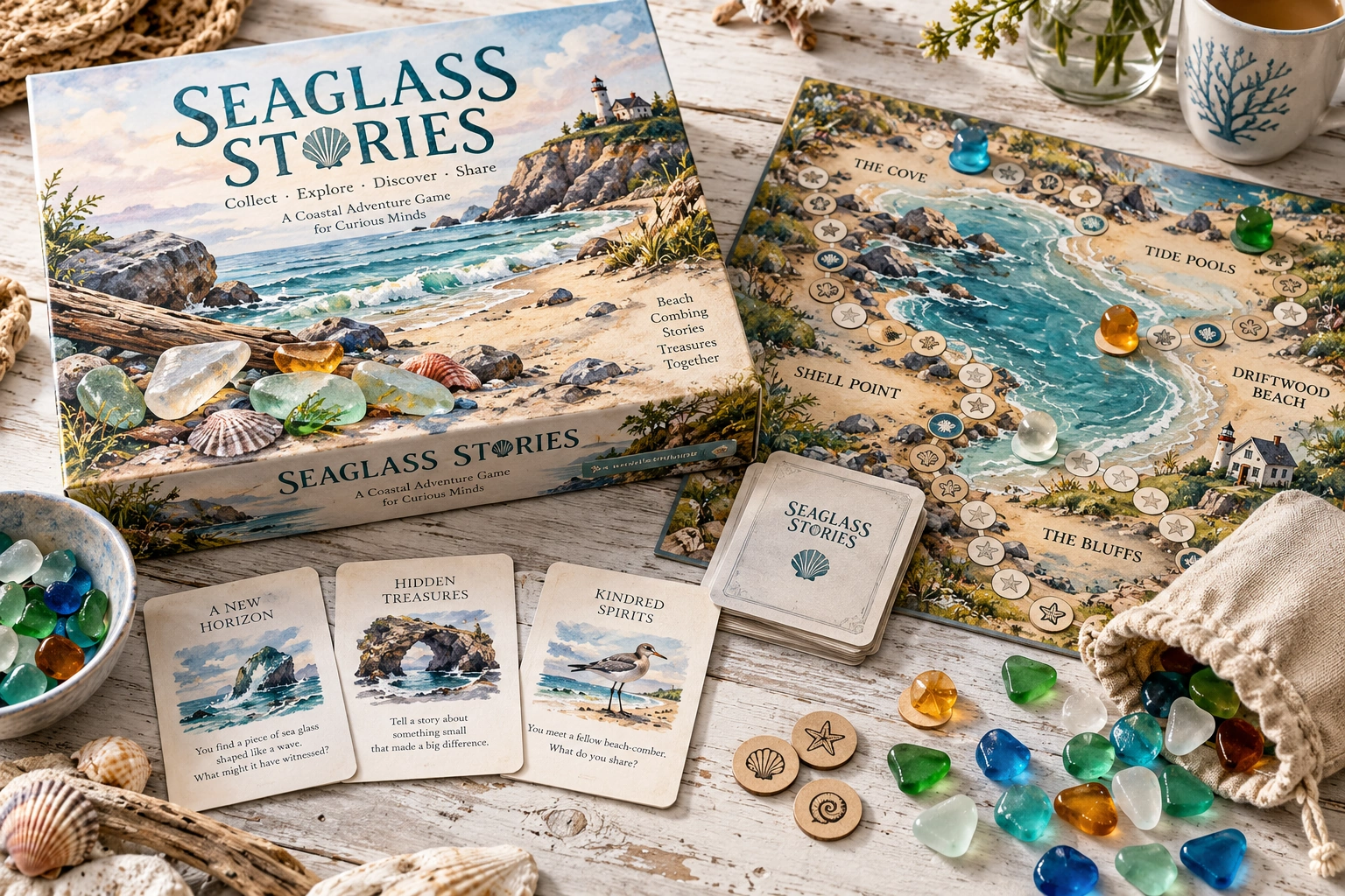 Seaglass Stories, physical board game and playing pieces