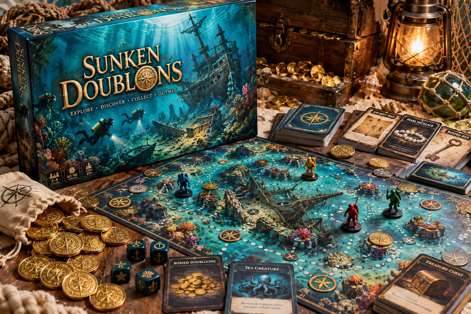 Sunken Doubloons, physical board game and playing pieces